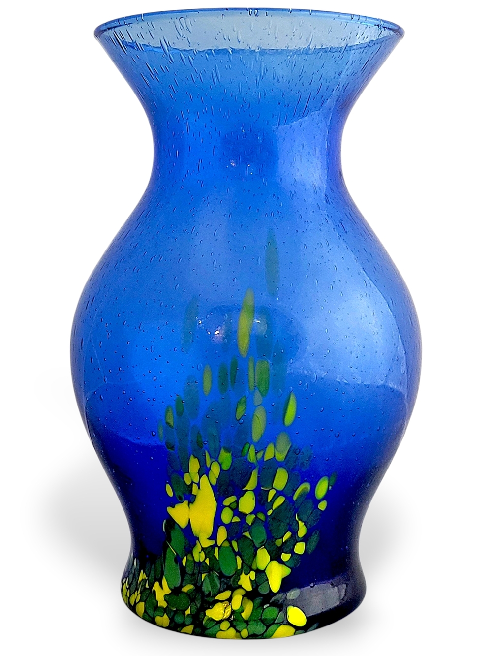 Handblown Blue Art Glass Vase 8" Bubble Glass Green Yellow Accent